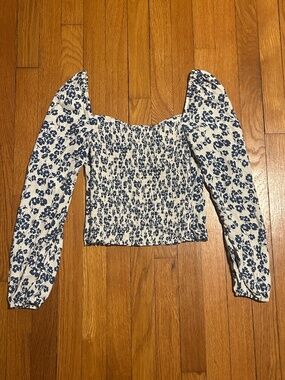 Reformation Blue White Floral Long Sleeve Crop Top Women’s XS